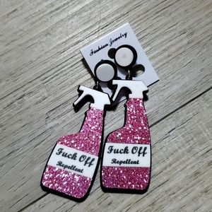 Repellent spray bottle earrings pink glitter
